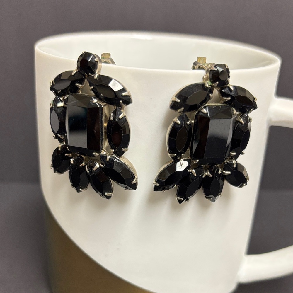 Vintage Large Black Rhinestone Clip On Statement Earrings